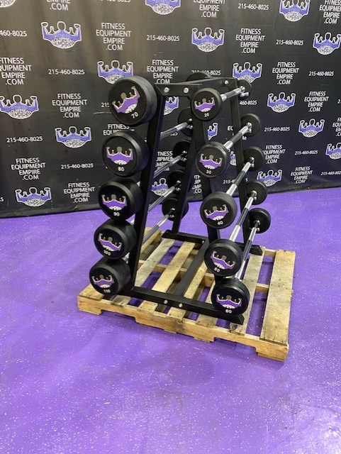 web25-11-4.jpg BRAND NEW Empire Rubber Covered Fixed Straight Bar Set 20-110 lbs. in 10’s w/Rack – Last Set Available