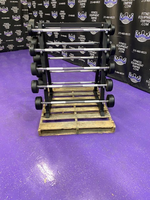 web27-12-1.jpg BRAND NEW Empire Rubber Covered Fixed Straight Bar Set 20-110 lbs. in 10’s w/Rack – Last Set Available