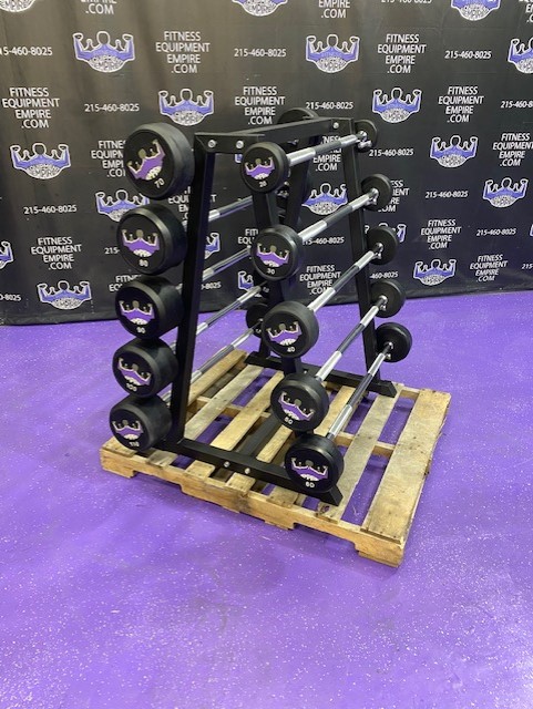 web28-12-1.jpg BRAND NEW Empire Rubber Covered Fixed Straight Bar Set 20-110 lbs. in 10’s w/Rack – Last Set Available