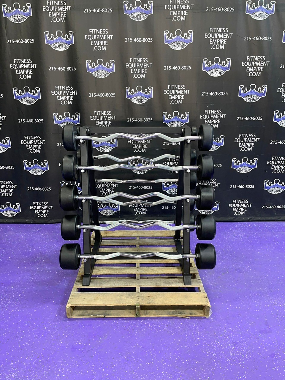 web32-8-5.jpg BRAND NEW Empire Rubber Fixed EZ Curl Bar Set 20-110 lbs. in 10’s w/Rack