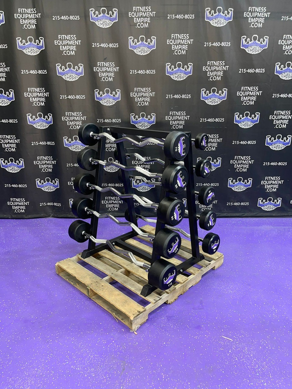 web33-2-4.jpg BRAND NEW Empire Rubber Fixed EZ Curl Bar Set 20-110 lbs. in 10’s w/Rack