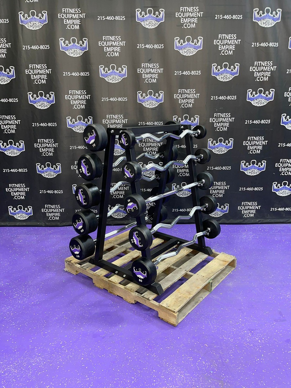 web34-2-4.jpg BRAND NEW Empire Rubber Fixed EZ Curl Bar Set 20-110 lbs. in 10’s w/Rack