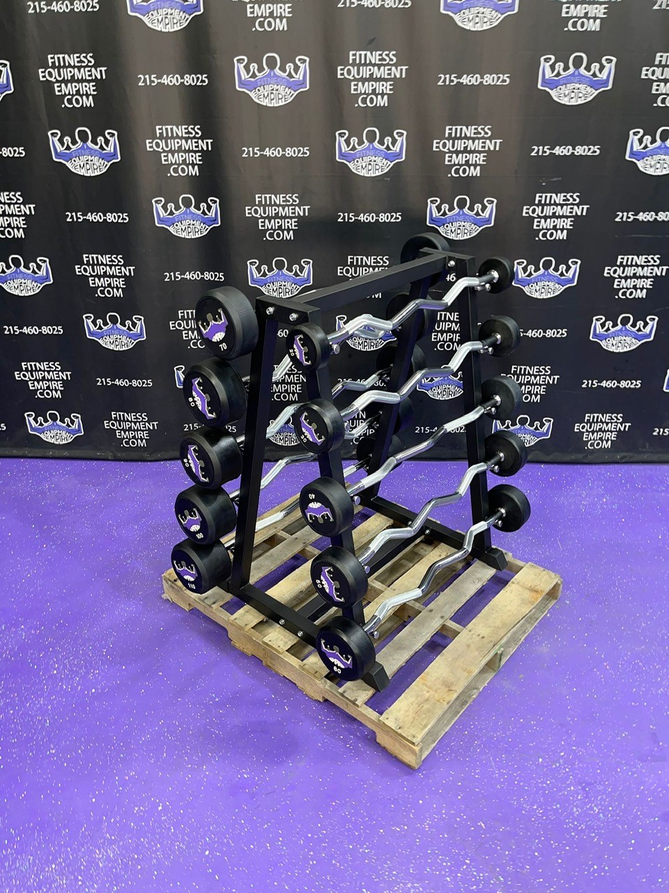 web36-2-2.jpg BRAND NEW Empire Rubber Fixed EZ Curl Bar Set 20-110 lbs. in 10’s w/Rack