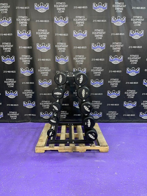 web69-1-1.jpg BRAND NEW Empire Rubber Fixed EZ Curl Bar Set 20-110 lbs. in 10’s w/Rack