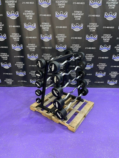 web70-1-1.jpg BRAND NEW Empire Rubber Fixed EZ Curl Bar Set 20-110 lbs. in 10’s w/Rack