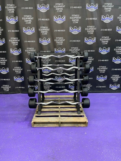 web71-1-1.jpg BRAND NEW Empire Rubber Fixed EZ Curl Bar Set 20-110 lbs. in 10’s w/Rack