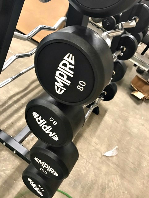 web74-1-1.jpg BRAND NEW Empire Rubber Fixed EZ Curl Bar Set 20-110 lbs. in 10’s w/Rack