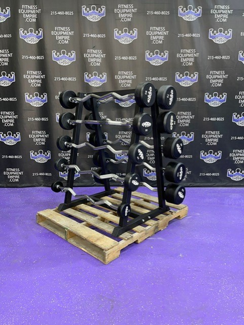 web75-1-1.jpg BRAND NEW Empire Rubber Fixed EZ Curl Bar Set 20-110 lbs. in 10’s w/Rack